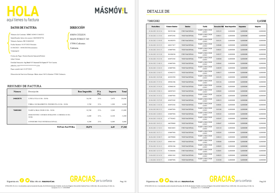 download download Spain Masmovil internet utility  bill Word and PDF formats, 6 pages PDF template PDF template